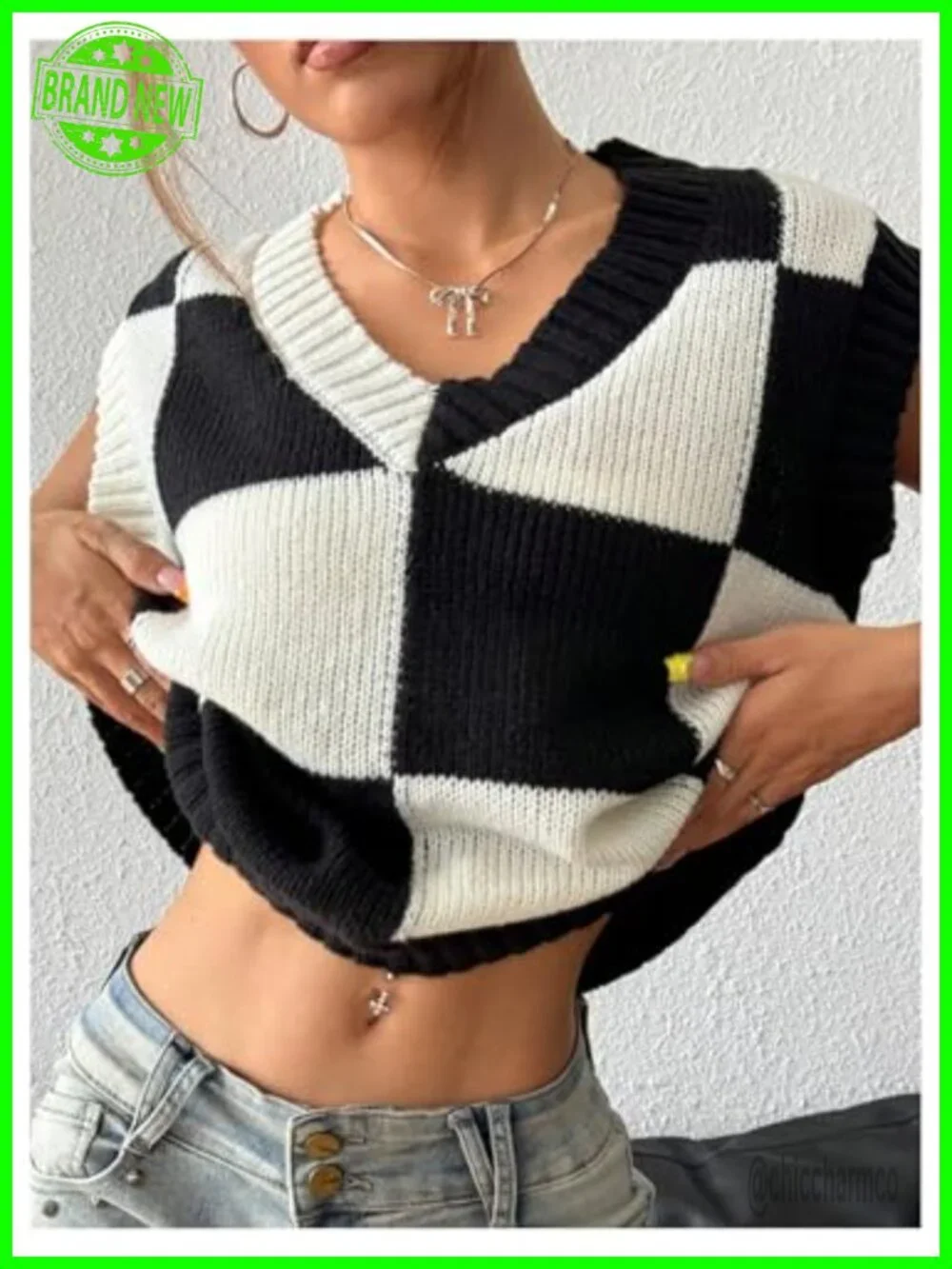 V-Neck Plaid Knit Sweater Vest Cap Sleeve Oversized